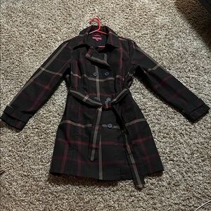 Merona Brown and Red/Burgundy  Plaid Trench Coat